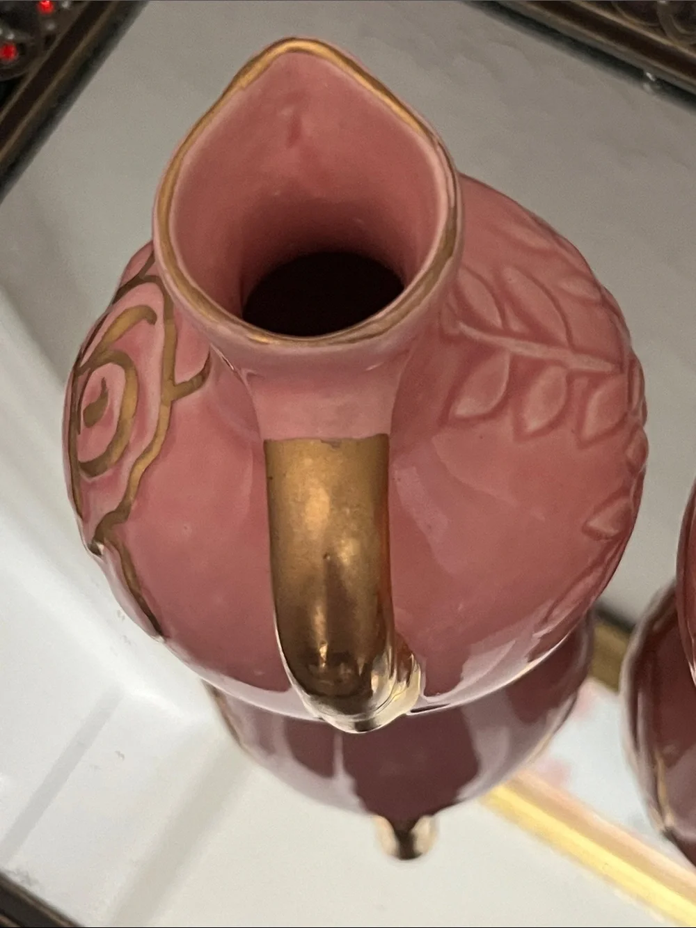 American Pottery VTG Pink Ceramic Rose Accent Pitcher (Set of 2) with Gold Trim